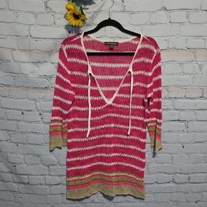 Tommy Bahama Sweater Dress / Coverup Pink White Striped Open Weave Sz M